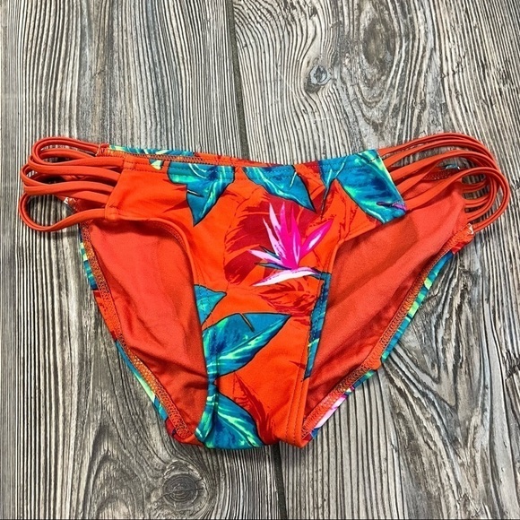 XHILARATION Red Tropical Print Bikini Bottom Blue Green Leaves Strappy Sides - Picture 1 of 8